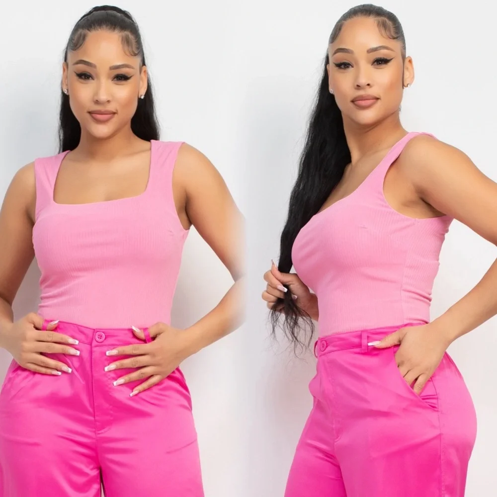 Double layered ribbed thick strap tank top in Barbie pink